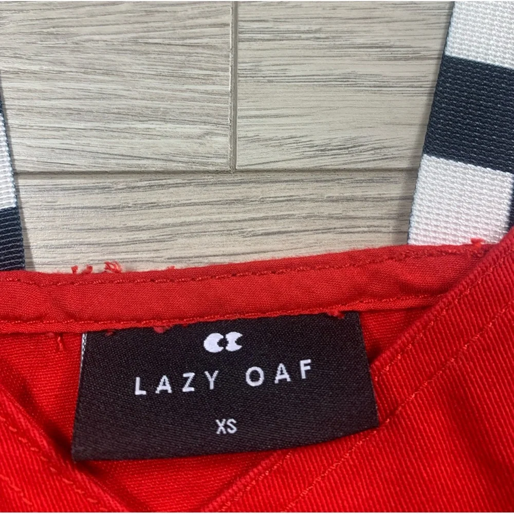 Lazy Oaf Checkered Buckle-Strap Pinafore Red Mini Dress - Picture 10 of 15